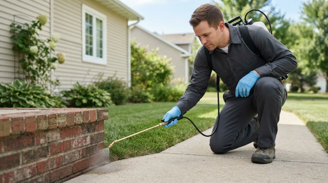 Pest control technician treating a home near Rosebush, MI