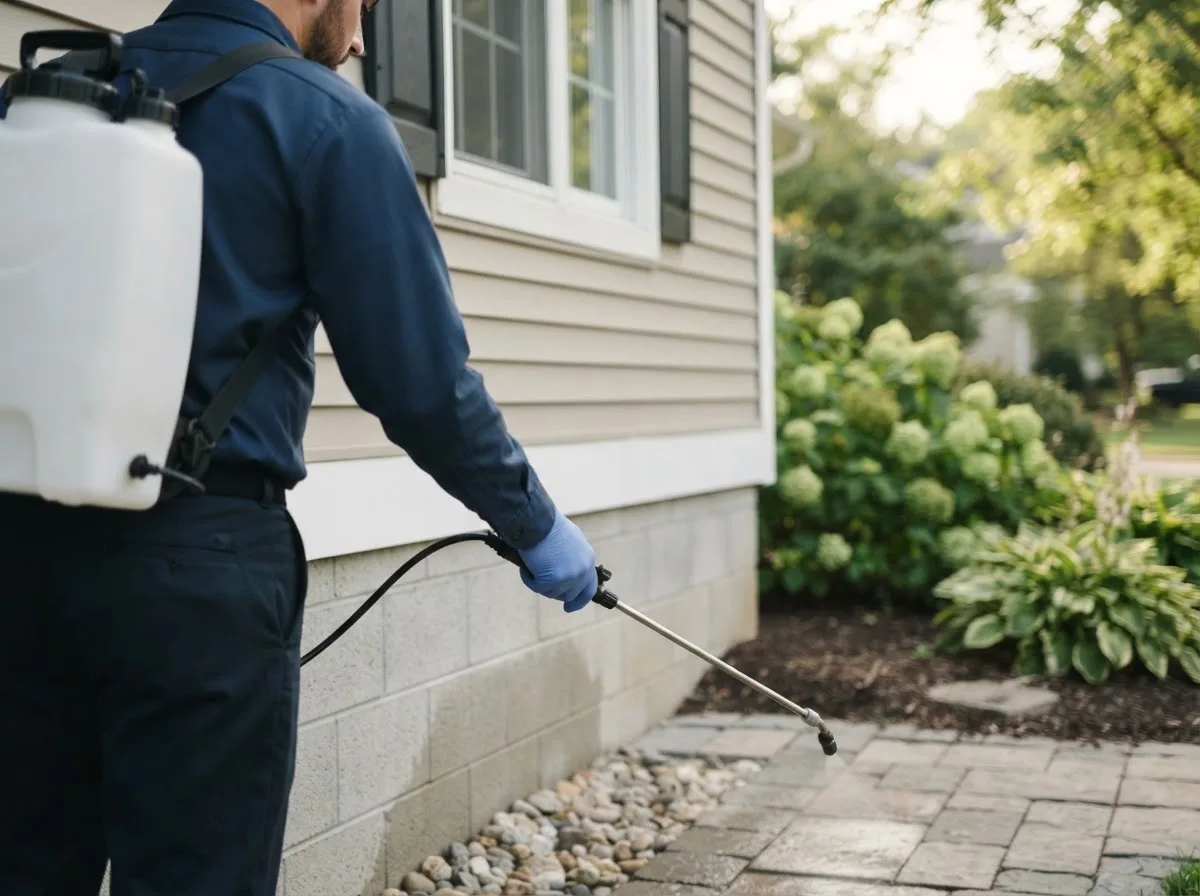 Pest control technician inspecting a home in Rosebush, MI